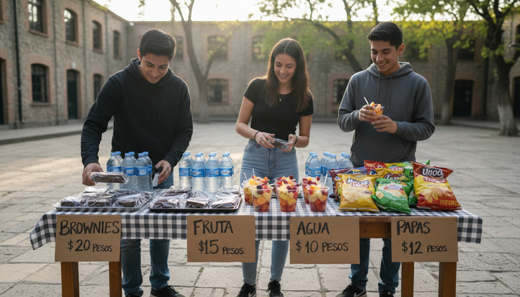 Eye-level view of a student snack stand with homemade treats and handwritten prices