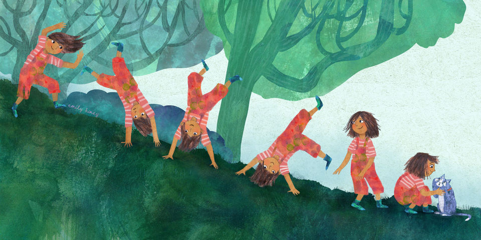 Illustration of a little girl in an orange dungarees at different stages of doing a cartwheel down a hill. Her blue and white pet cat waits at the bottom of the hill and looks scared.