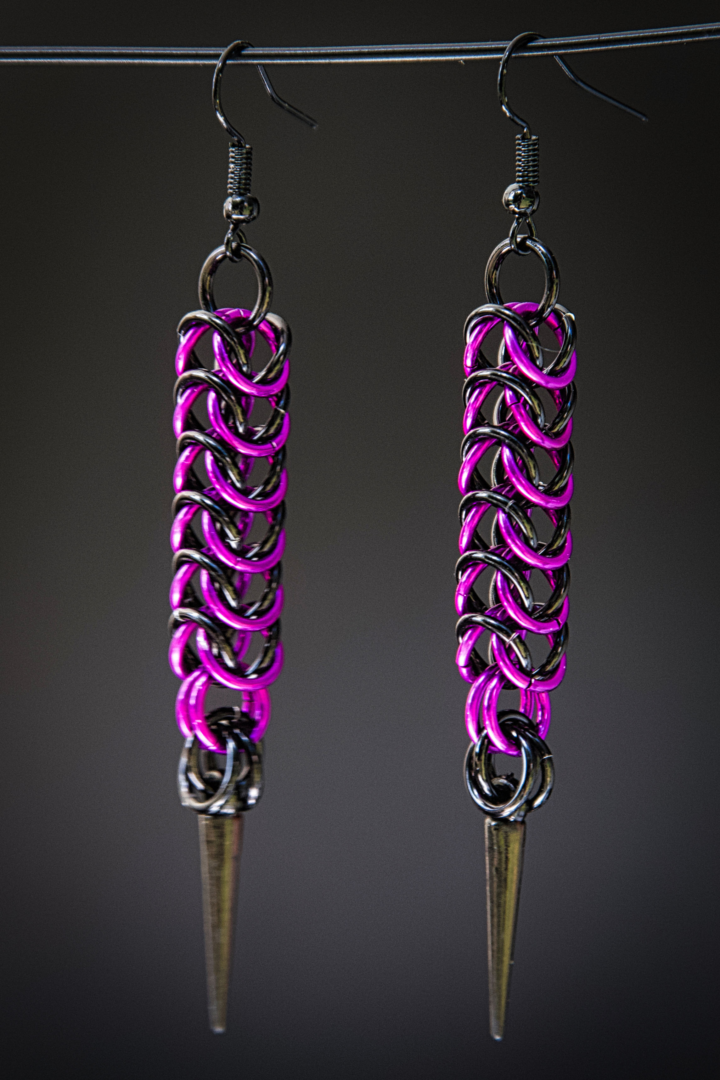 Black and Purple Spike Chainmaille Earrings