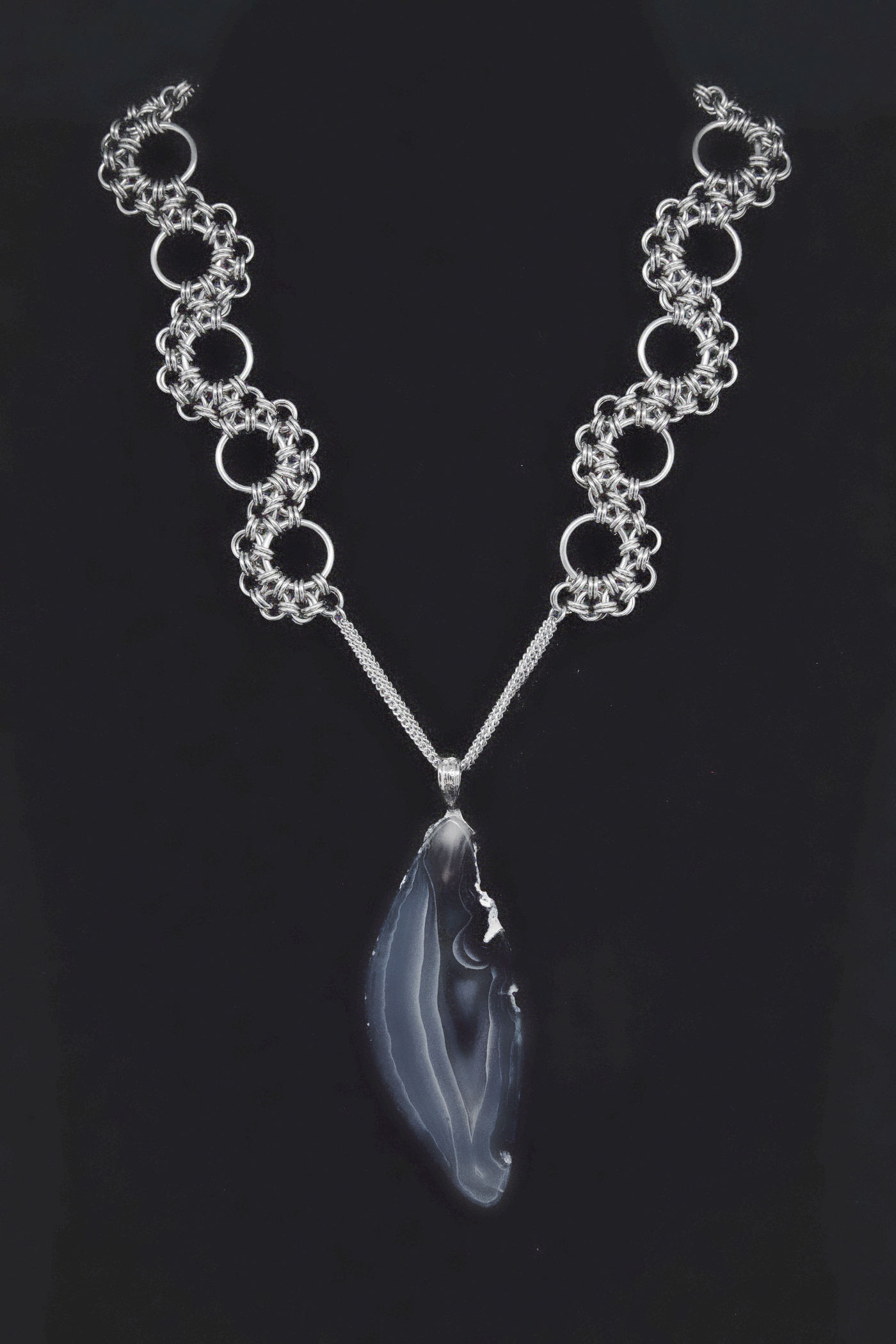 Black Agate Stepping Stone Chainmaille Necklace