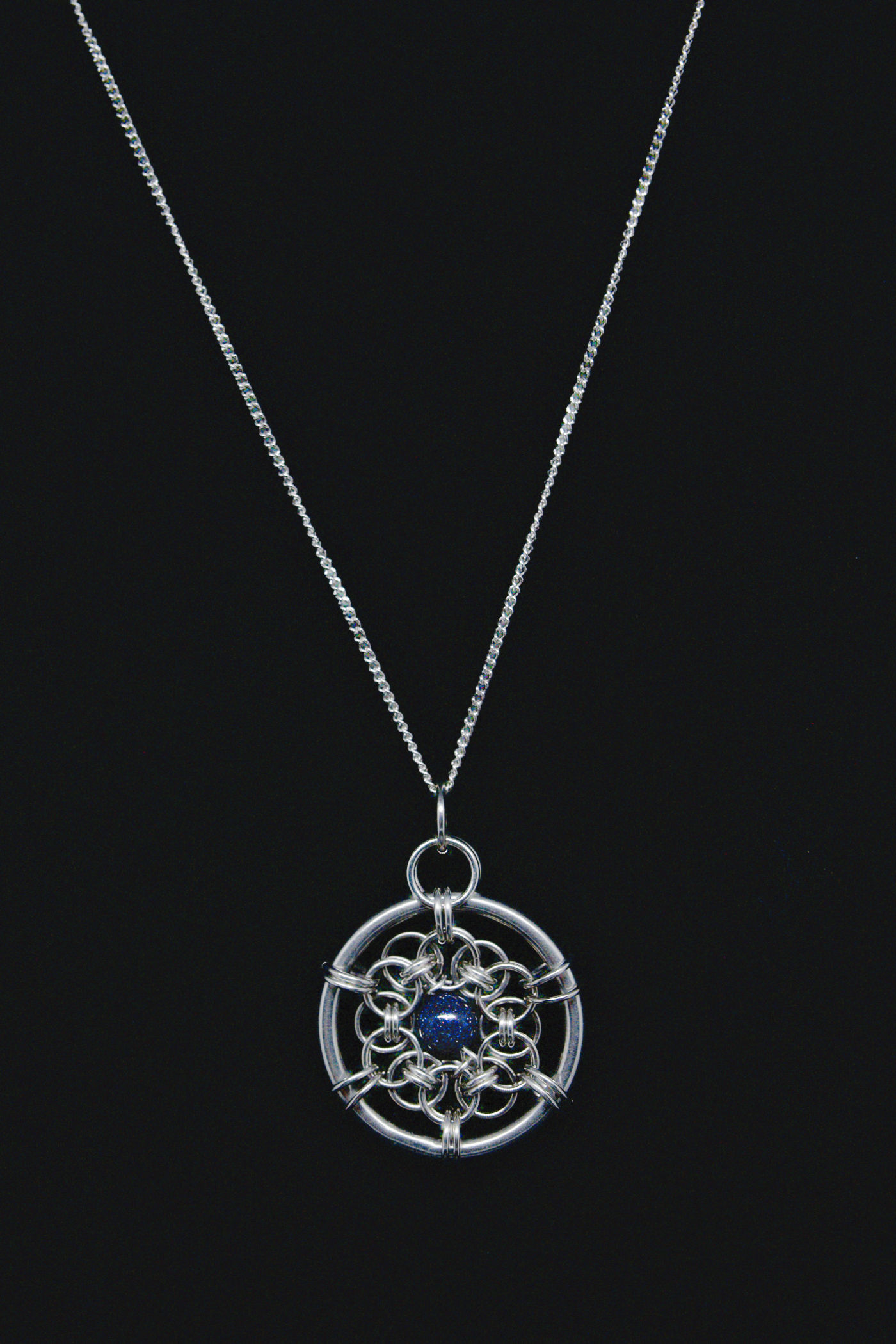 Helm Circle Blue Goldstone Chainmaille Necklace