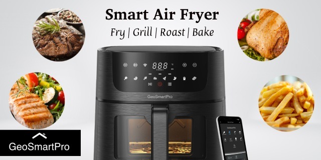 Smart Air Fryer with food photos as description of what it can do 