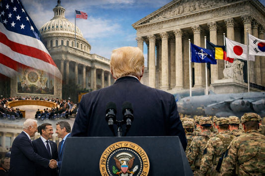 A composite illustration of President Donald Trump framed by U.S. institutions, allies, and military power, symbolizing how foreign policy extends beyond any single presidency.