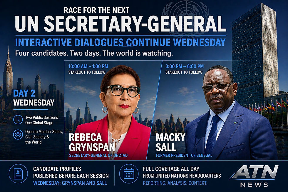 Day 2 of the U.N. secretary-general interactive dialogues shifts the spotlight to Rebeca Grynspan and Macky Sall, as ATN News continues its coverage of the public phase of the race from United Nations Headquarters.**