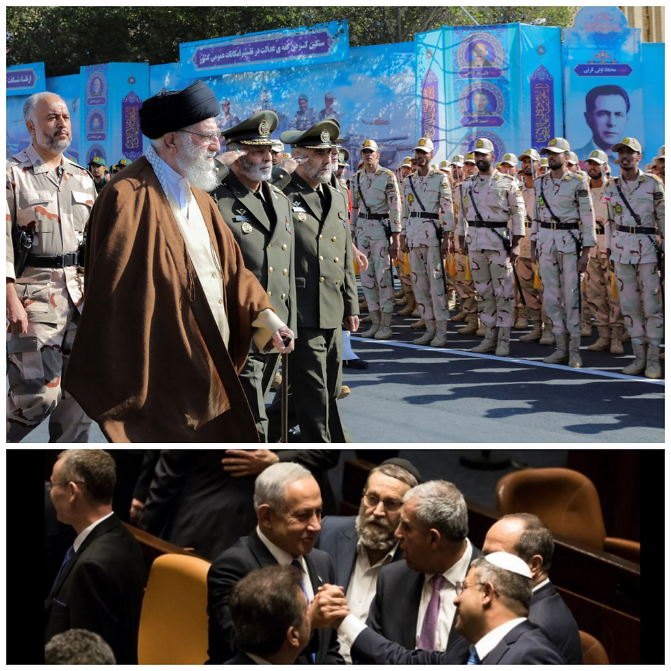 Top: Iran’s Supreme Leader walks alongside senior IRGC commanders during a military parade in Tehran. Bottom: Israeli Prime Minister Benjamin Netanyahu and far-right coalition allies confer inside the Knesset. Theocrats and Securocrats—at the heart of the Iran–Israel conflict.