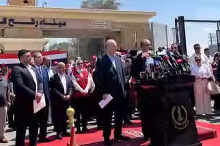 Egypt’s foreign minister Badr Abdelatty at Rafah: while aid trucks stood ready on Egyptian soil, Islamists spearheaded by the Muslim Brotherhood manufactured the false narrative that Cairo was the blockade (AP/August 18th, 2025)