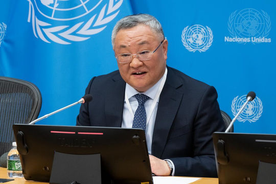 Amb. Fu Cong, Permanent Representative of China to the United Nations and President of the Security Council for the month of May, briefs reporters on the program of work for the month