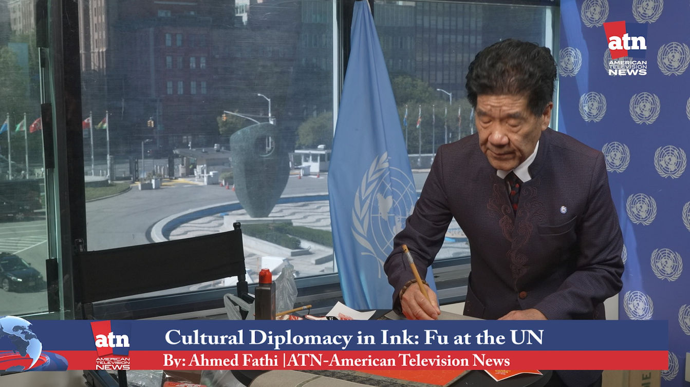 Chinese artist Li Guiming presents the character Fu (福) at the UN, symbolizing peace, blessing, and cultural diplomacy.