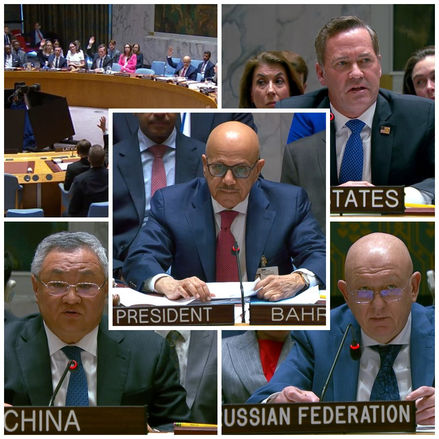 A divided Security Council votes on Bahrain’s Hormuz resolution at U.N. headquarters, where Russia and China ultimately veto the measure despite 11 votes in favor.