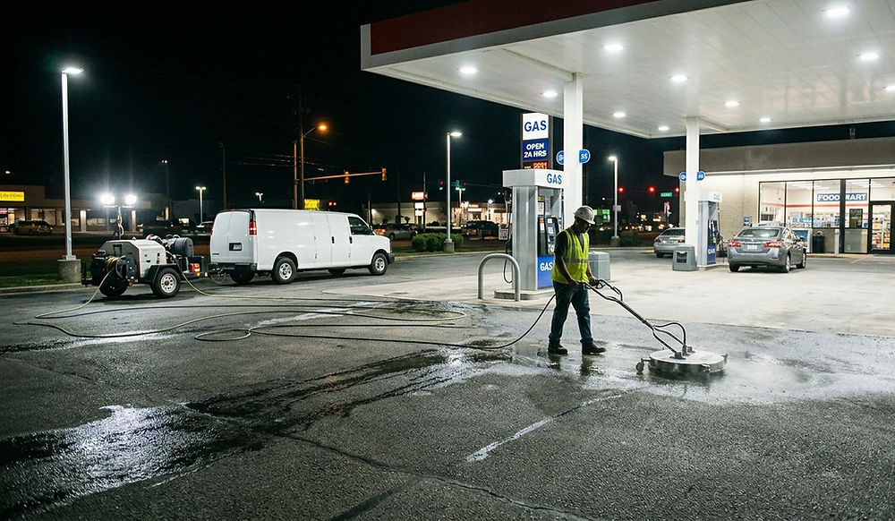 surface cleaning a gas station with pressure washer