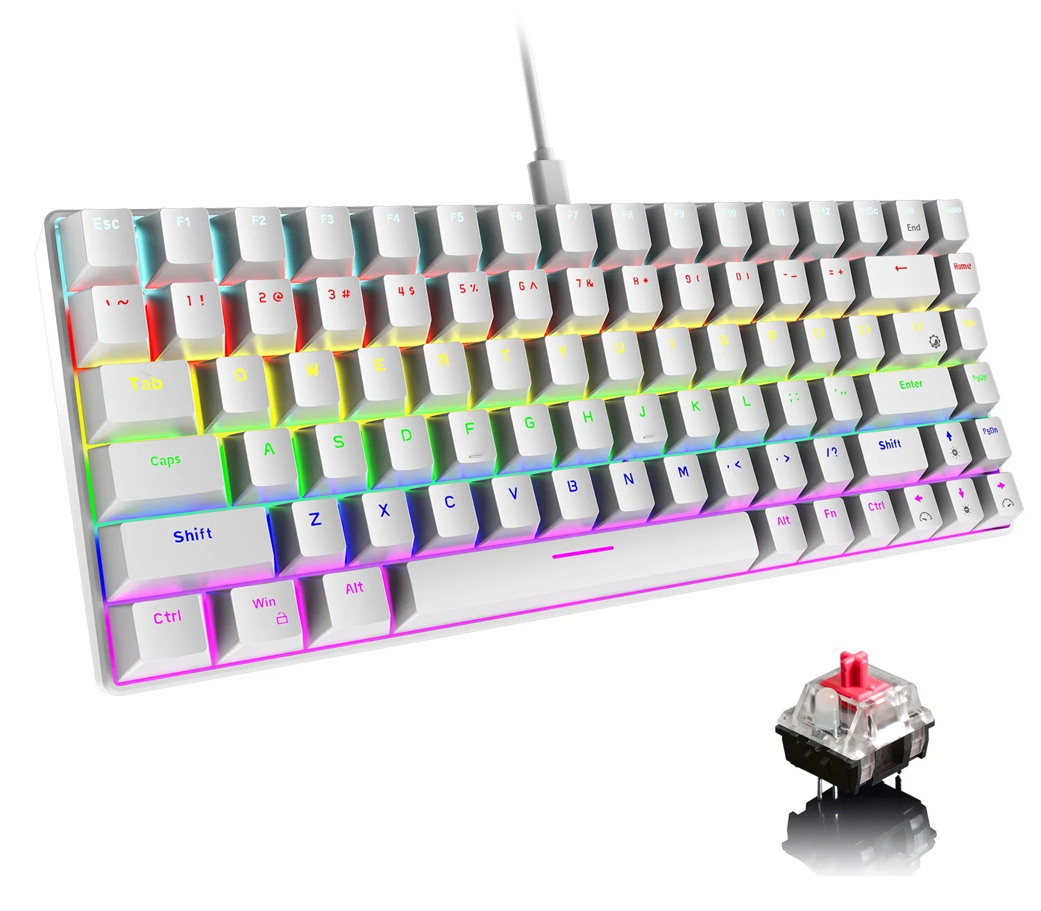 Wired Gaming Keyboard Rainbow Backlit Mechanical Keyboard Type-C 84 Keys Full Ke