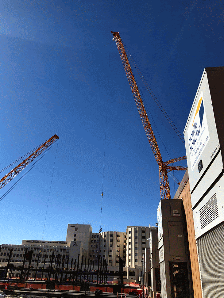 LLUMC cranes placing steel in new build.
