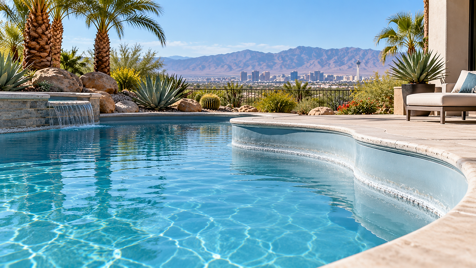 Fiberglass pool with calcium scaling at the waterline in a Las Vegas desert backyard.