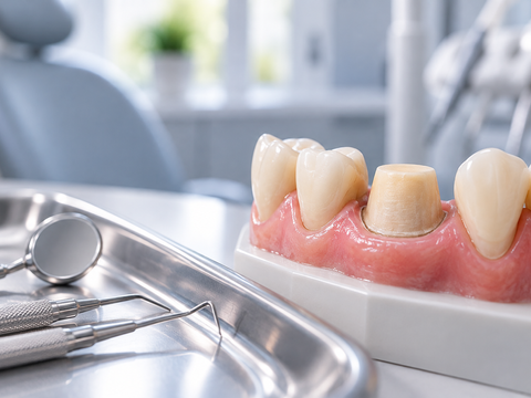 Dental model showing a prepared tooth for crown placement beside dental instruments in a clean, modern dental clinic.