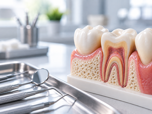 Dental tooth models showing internal tooth anatomy and crown preparation in a modern dental clinic.