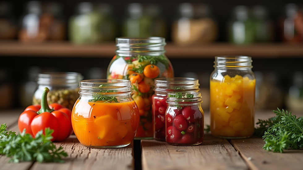 Eye-level view of a rustic wooden table with jars of fermented vegetables