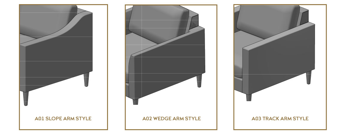 3 arms style graphics that the tribeca sofa is offered in