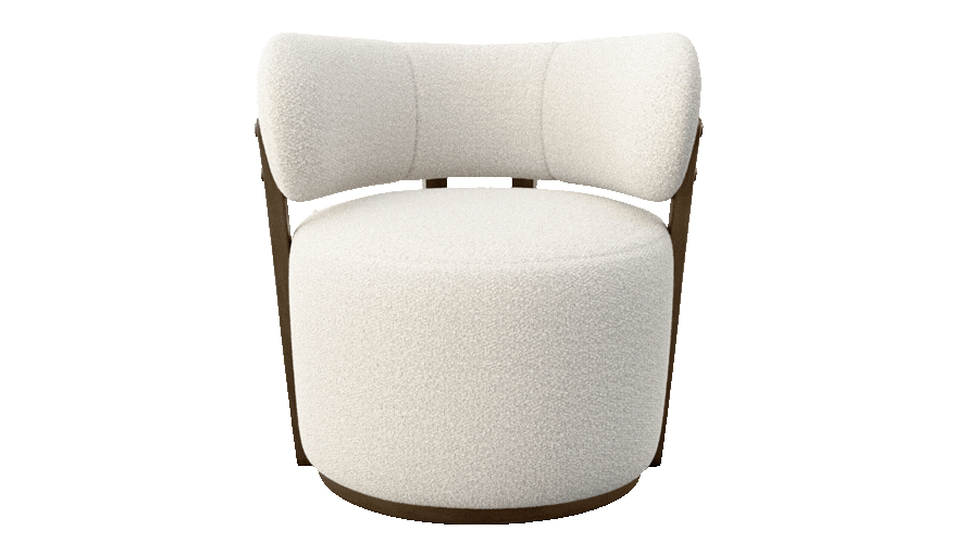 a gif of a white swivel chair with exposed wood details spinning