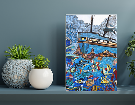 Blue ship at sea wall art