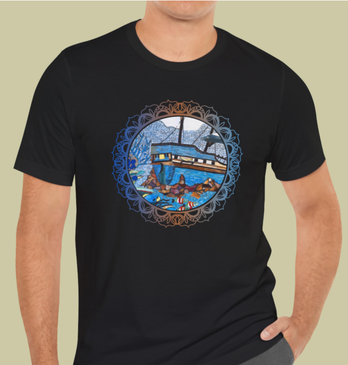Thumbnail: Blue Ship at Sea in flowery frame T-shirt