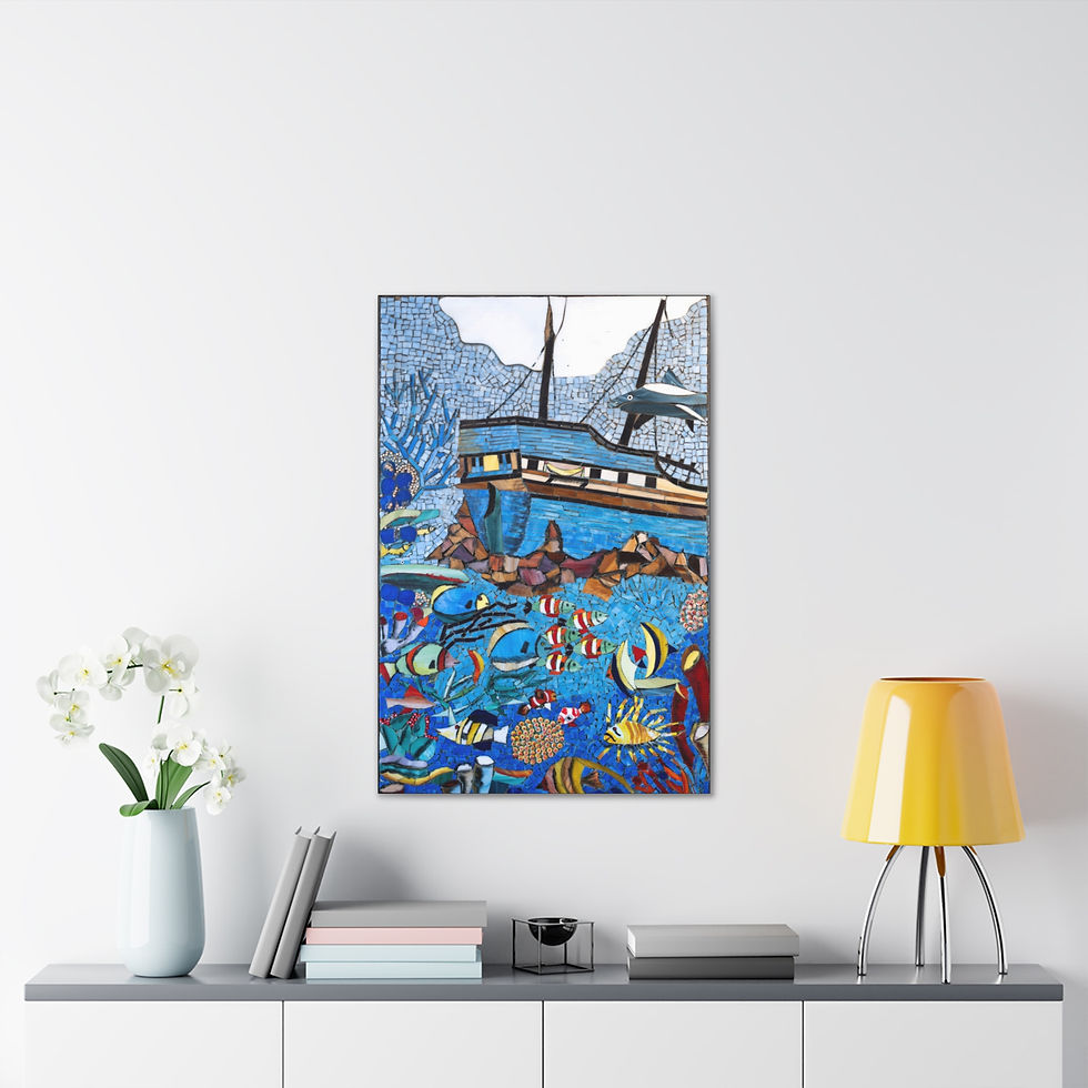 Thumbnail: Blue Ship at Sea Mosaic Wall Art print , hanging on a wall