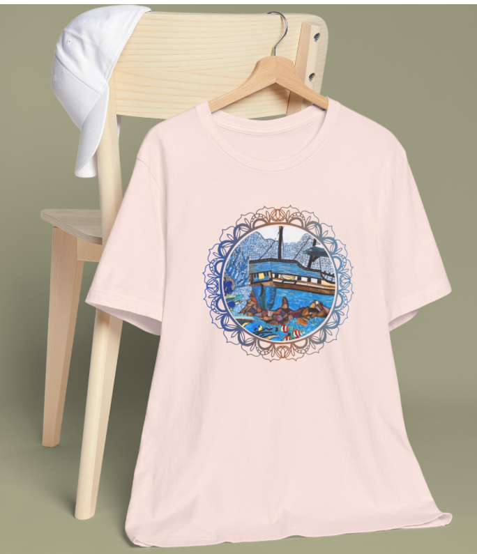 Thumbnail: Blue Ship at Sea in flowery frame T-shirt