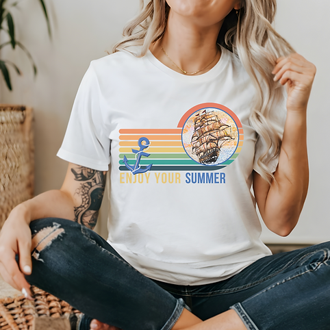 A woman waring a T-shirt of ship at sea collection
