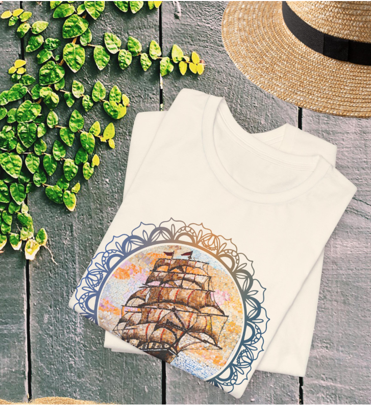 Thumbnail: Ship at Sea in flowery frame T-shirt