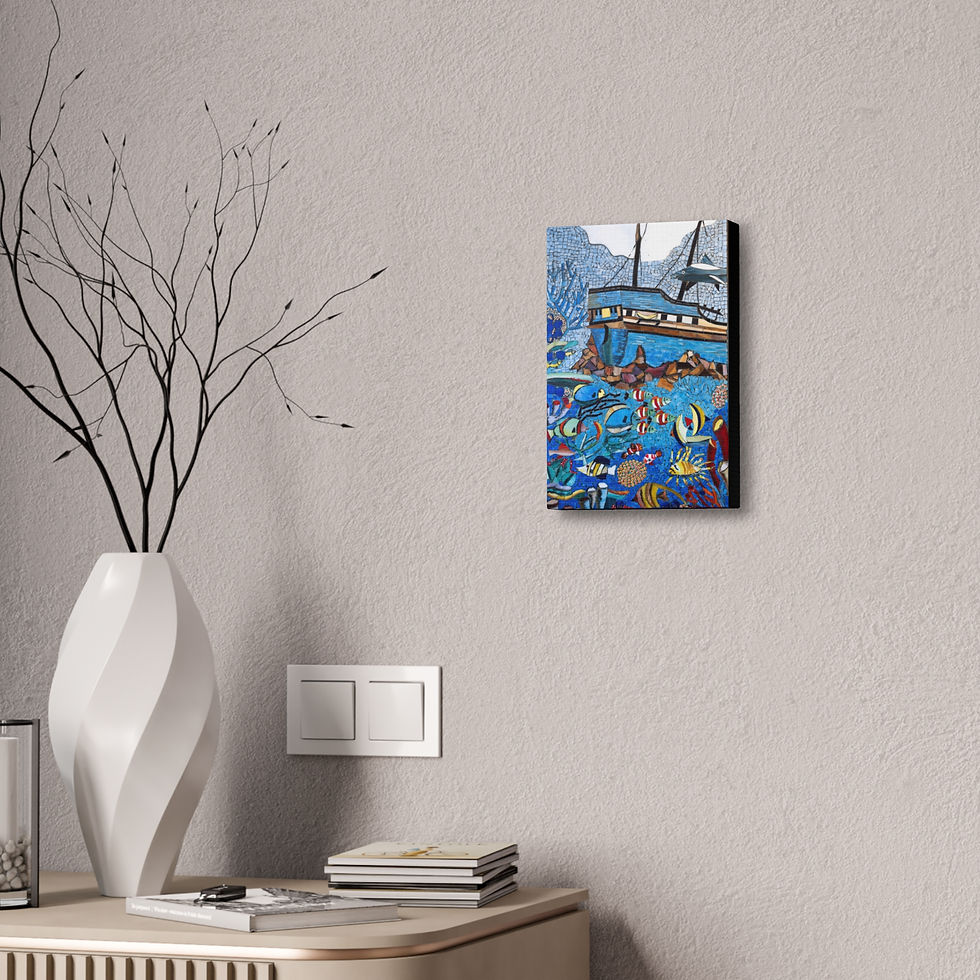 Thumbnail: Blue Ship at Sea Mosaic Wall Art print, hanging on a wall