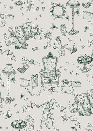 Hand-drawn Christmas toile pattern featuring playful cats tangled in lights, ribbons, and holiday décor, created by WanderingModa