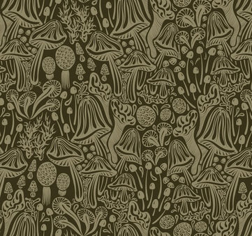 Monochrome mushroom pattern in forest green tones inspired by forest walks and organic design, created by WanderingModa
