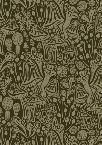 Monochrome mushroom pattern in forest green tones inspired by forest walks and organic design, created by WanderingModa