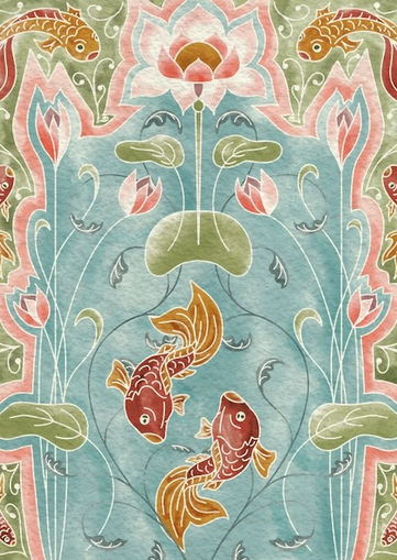 Watercolor koi pond pattern with lotus flowers and Art Nouveau lines, inspired by Japanese design, by WanderingModa