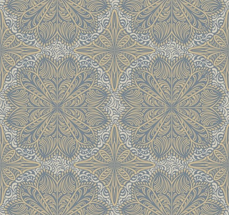Art Nouveau–style repeating pattern in soft blue and beige inspired by traditional mooncake motifs, by WanderingModa