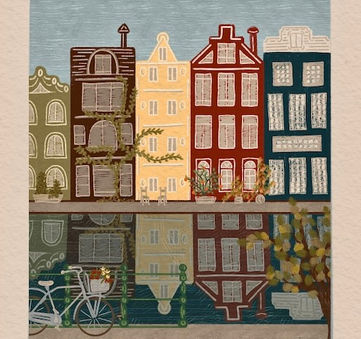 Illustrated view of Amsterdam canal houses and bicycle with reflections in autumn colors, created by WanderingModa