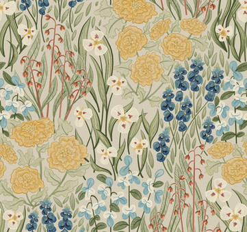 Hand-drawn floral surface pattern featuring bluebonnet, mariposa lily, and desert marigold, inspired by native North American plants, by WanderingModa