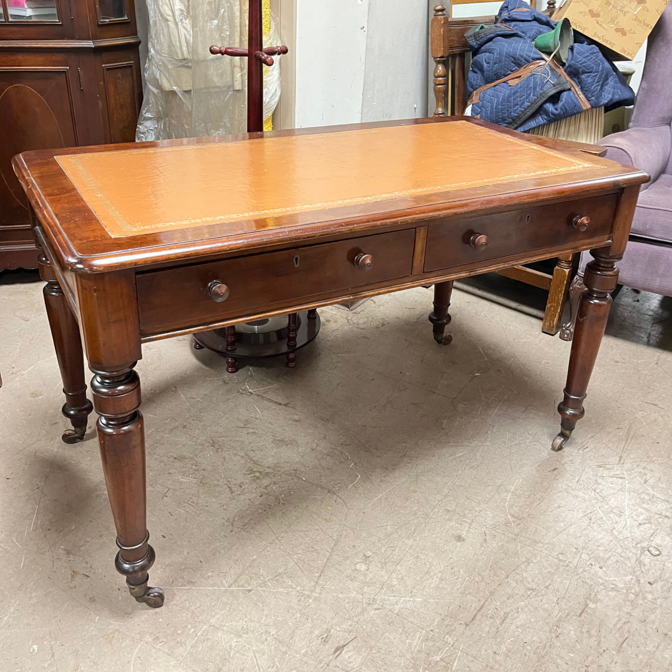 19th C English mahogany leather top writing desk