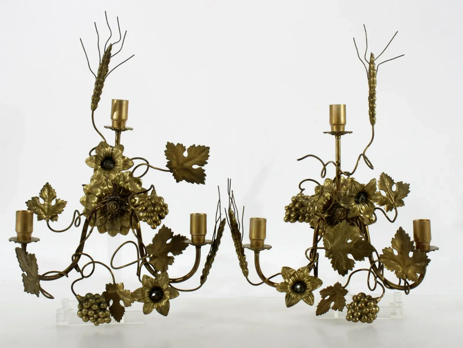 Pair Brass Grape Vine 3-Light Sconces