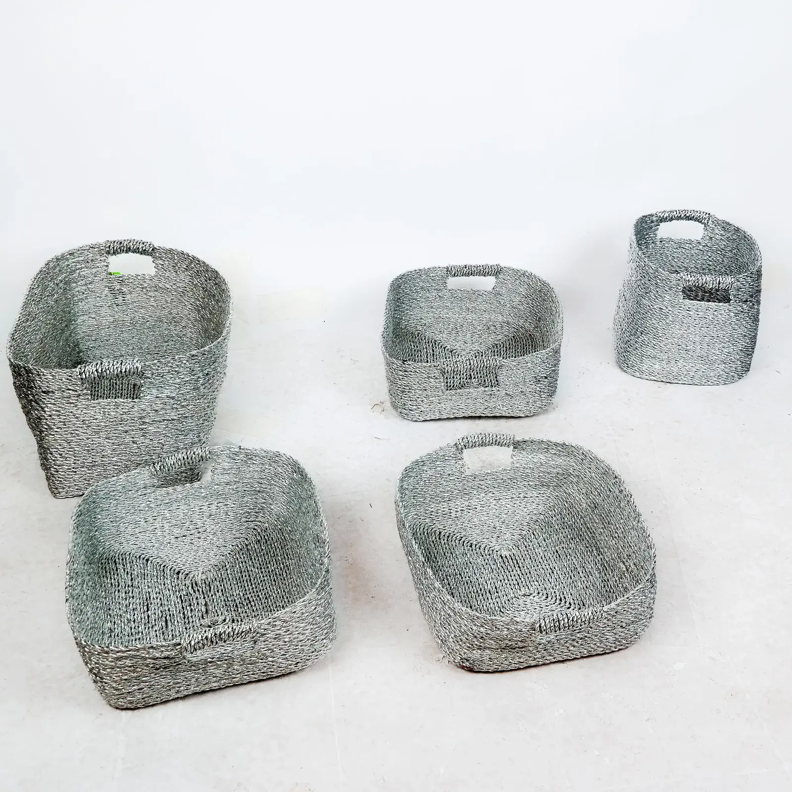 Group of 5 Woven Silver-Tone Storage Baskets