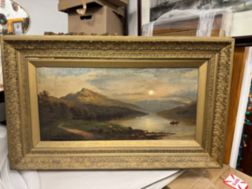 19th Cent Landscape Riverside  With Canoe 25" X 40 "
