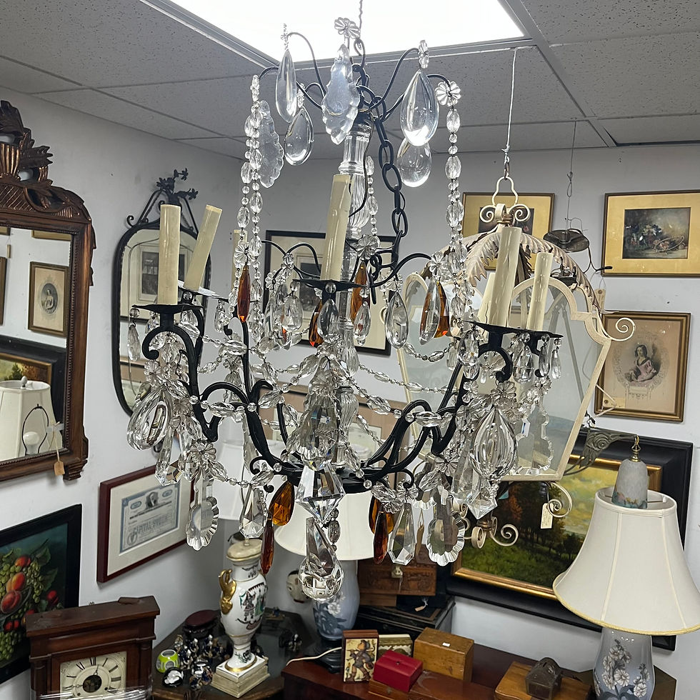 Thumbnail: 8 arm chandelier w/ glass pendants and amber accents