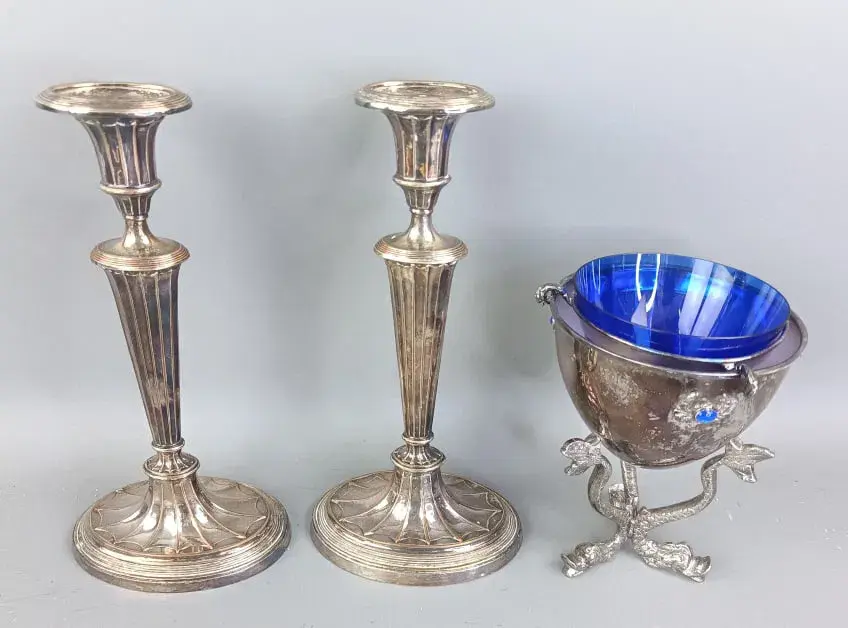 Pair of Silver Plate Candlesticks and Caviar Dish w/ Cobalt Liner