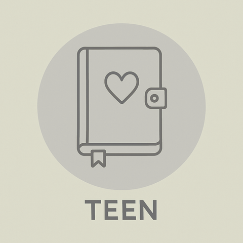 Imagem de diário com coração representando e-books para adolescentes com temas de autoconhecimento, amizade e aventura.