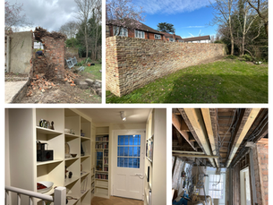 Heritage wall falling down, heritage wall rebuilt, heritage building referbishment, before and after pictures, clean finish, basement hallway, backdoor, heritage home with servere water damage, complete heritage referbishment, traditional building materials, lime plaster, lime mortar.
