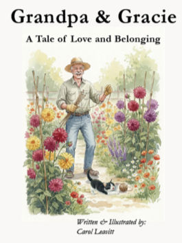 Grandpa & Gracie storybook cover — Grandpa in a flower garden with a kitten, "A Tale of Love and Belonging"