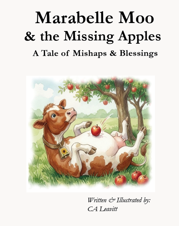 Marabelle Moo storybook cover — she's lying tummy up under the apple tree, a tale of mishaps and blessing