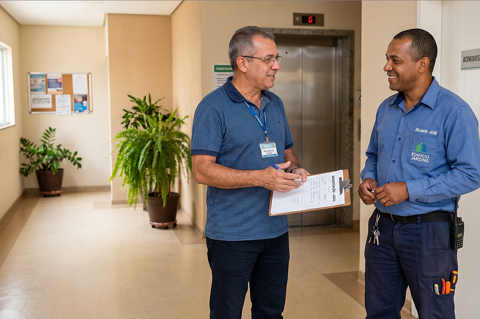 Síndico com prancheta e zelador uniformizado conversam sorrindo no corredor de um condomínio próximo ao elevador.