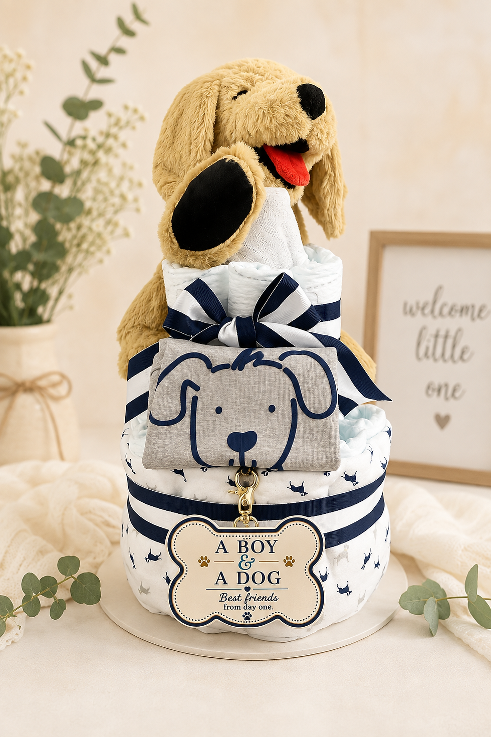 A Boy & Dog diaper cake featuring navy and white dog-themed blanket, a puppy onesie and plush puppy.
