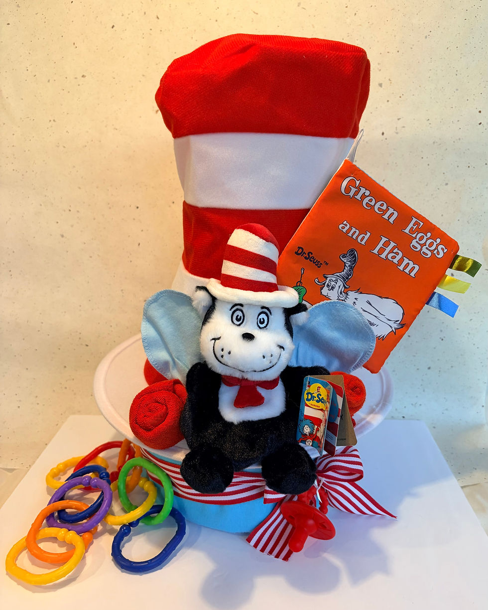 Cat in the Hat diaper cake with Dr. Seuss book and baby gifts