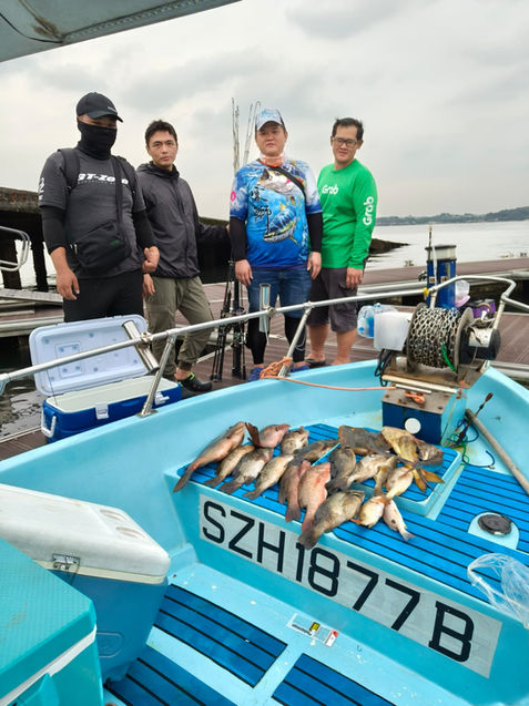 Full shot of four men standing on a boat deck, likely after a fishing trip. 

The men stand side-by-side. The man on the far left wears a dark-colored, likely black, t-shirt with a dark mask. The man next to him is wearing a dark jacket/pullover. To his right is a man with a colorful, likely graphic, athletic-style t-shirt, showing a pattern of blues and grays and some hints of other colors. The last man on the right is wearing a green long-sleeved shirt with a logo on the front that appears to be a ride-sharing app or similar. Their outfits suggest a casual outdoors activity.

A number of fish, a variety of sizes and colors, have been placed on the deck of the boat.  A light-blue-colored boat, with a light-blue-and-dark-blue striped interior deck, is clearly visible. A large cooler is also visible on the boat, on the left portion in the background. The fish are piled on the flat interior surface of the boat's deck.

The location appears to be a dock or marina, judging by the wooden pilings visible in the background, and water is visible beyond. The sky is a light, overcast gray. A fishing rod is visible between the men.